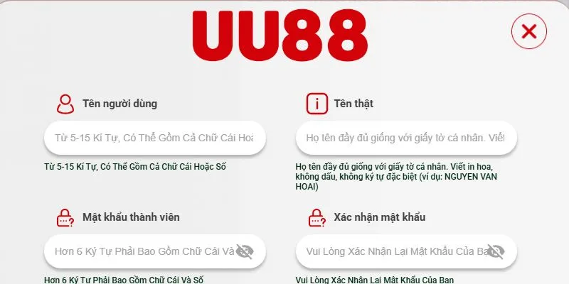 Người chơi thao tác đăng ký UU88 trên giao diện website